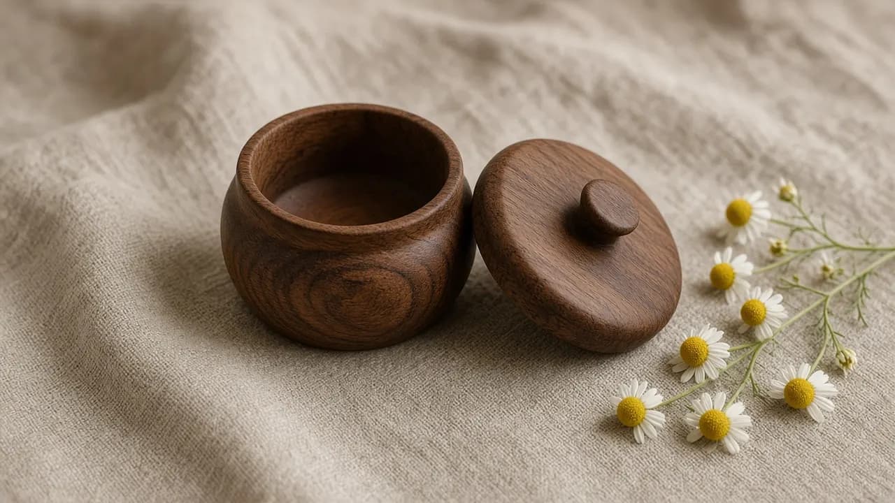 A small hand-turned walnut keepsake box with its lid resting beside it on a linen cloth next to a sprig of chamomile