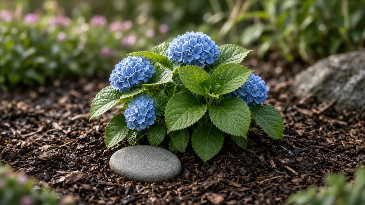 A newly planted hydrangea in a flower bed with a smooth, blank grey pebble marker at its base in late spring light