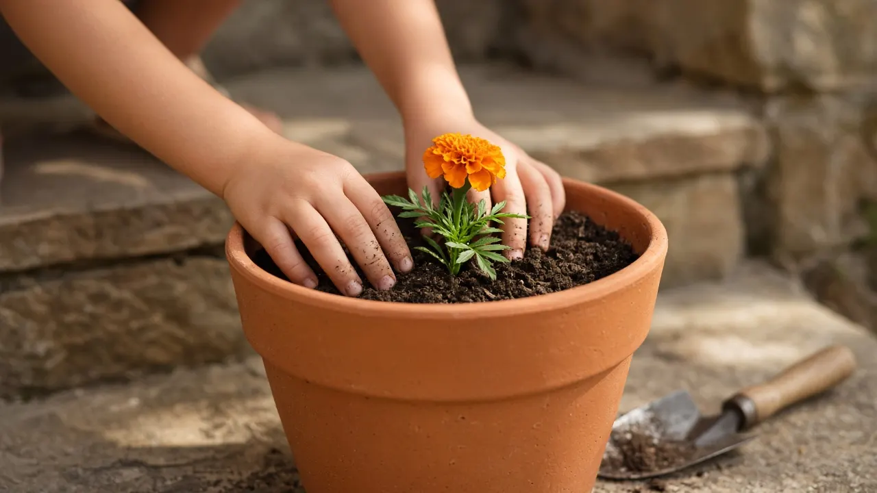 A child's hands pressing soil around a young marigold in a large terracotta pot on a sunny back step