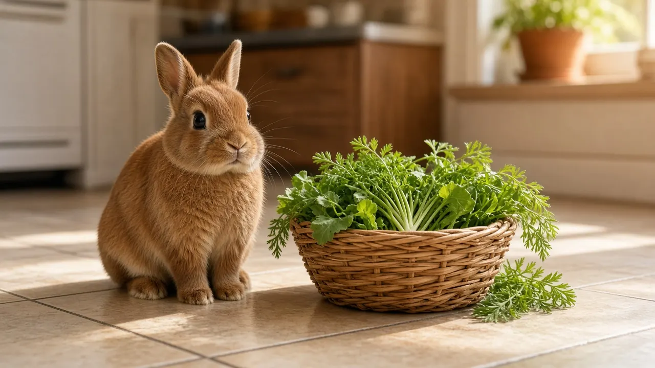 A Netherland Dwarf rabbit sitting upright on a sunny kitchen floor beside a small woven basket of fresh greens