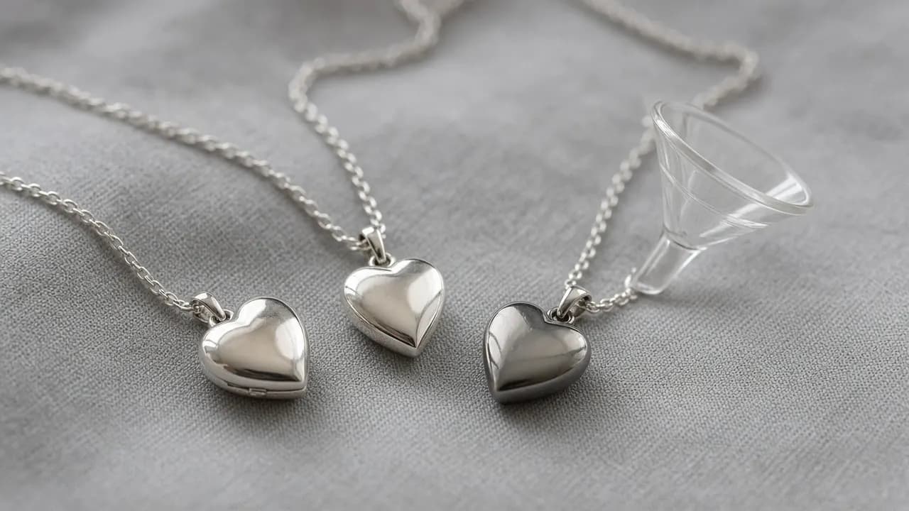 Three small silver heart pendants on fine chains laid out on a soft grey cloth beside a tiny glass funnel