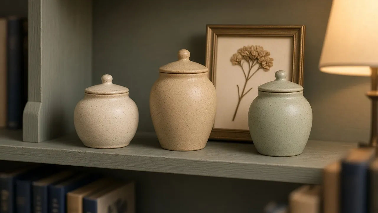 Three small ceramic keepsake urns of different heights in cream, sand and sage on a bookshelf beside a framed pressed flower