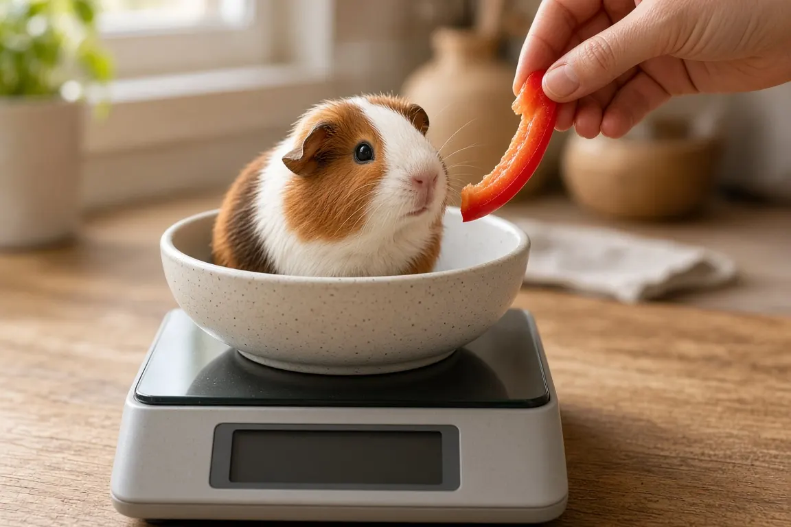 A calm guinea pig sitting in a shallow bowl on a digital kitchen scale on a wooden counter, with a hand offering a piece of pepper
